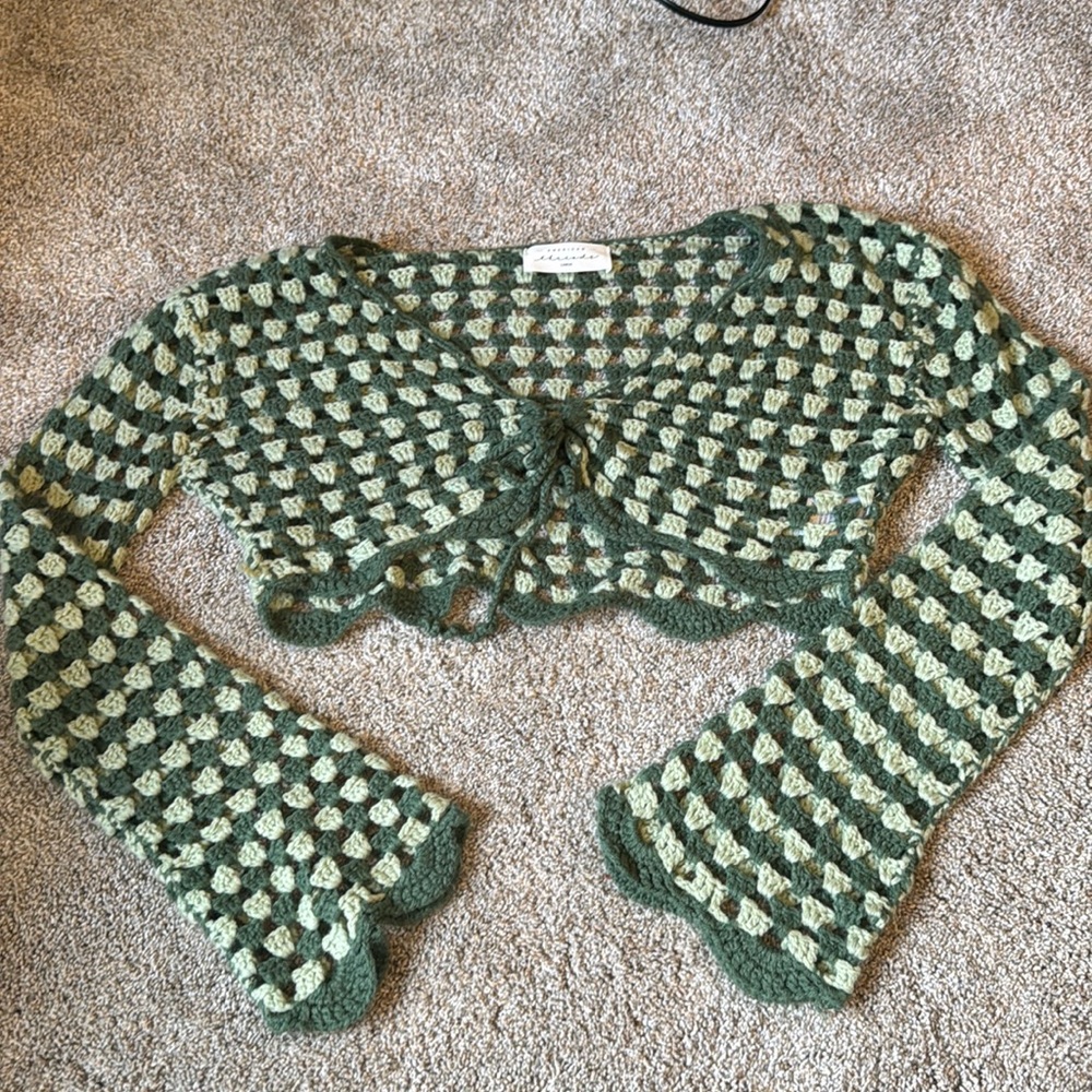 American threads large crochet top green checkered